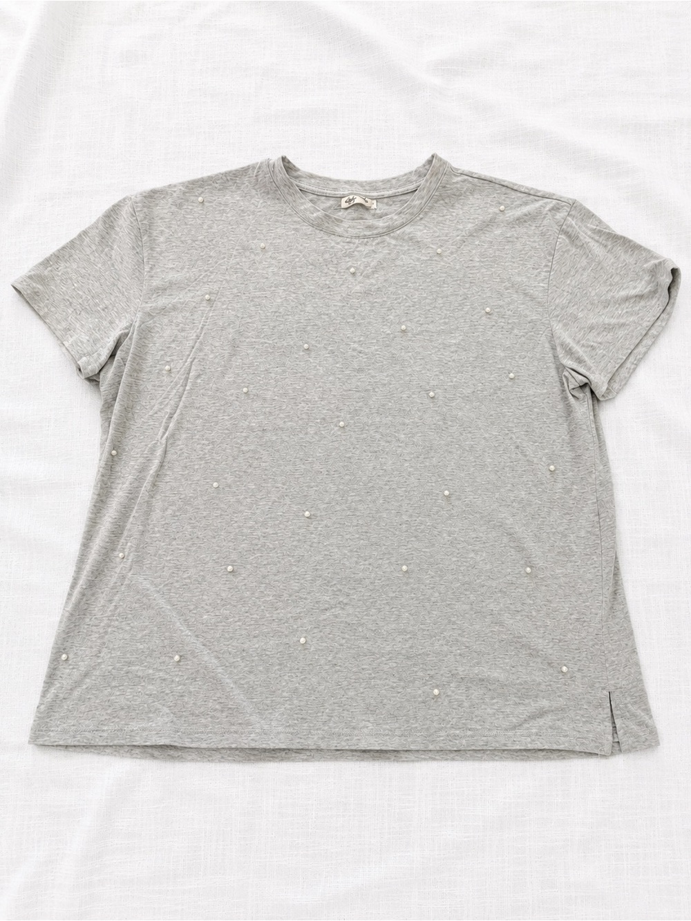 Women's Pearl-Embellished Light Grey Short Sleeve Tee